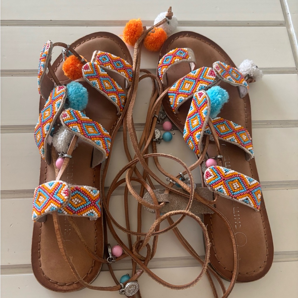 Strappy Colorful Beaded Sandals with Pom Poms